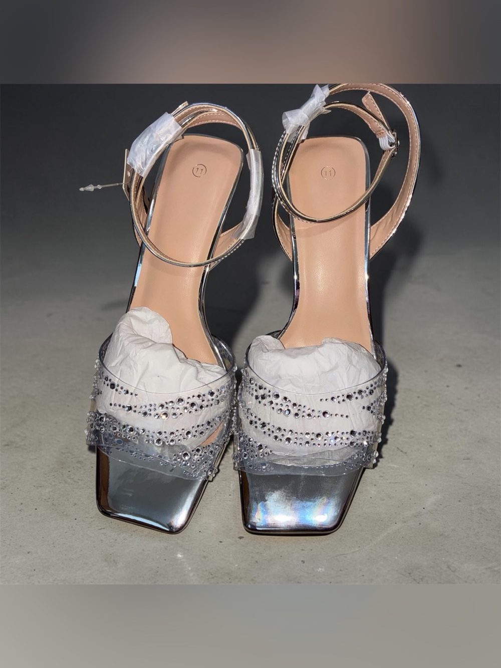Crystal-Embellished Silver Ankle-Strap Heels
